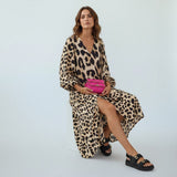 Beige Luipaardprint Maxi Jurk met V-Hals