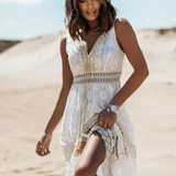 Witte Geborduurde Maxi Jurk met V-Hals