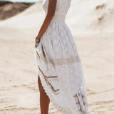 Witte Geborduurde Maxi Jurk met V-Hals