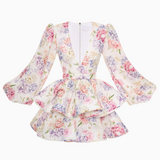 Witte Bloemenprint Mini Jurk met Volant Rok