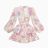 Witte Bloemenprint Mini Jurk met Volant Rok