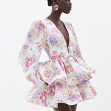 Witte Bloemenprint Mini Jurk met Volant Rok