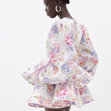 Witte Bloemenprint Mini Jurk met Volant Rok