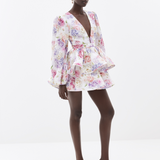 Witte Bloemenprint Mini Jurk met Volant Rok