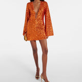 Oranje Pailletten Mini Jurk met Diepe V-Hals