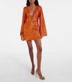 Oranje Pailletten Mini Jurk met Diepe V-Hals.