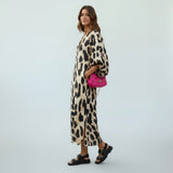 Beige Luipaardprint Maxi Jurk met V-Hals