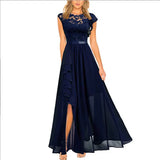 Donkerblauwe Kant Maxi Jurk met Volantdetails