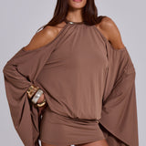 Taupe Mini Jurk met Open Rug en Kettingdetail