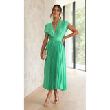 Groene Geplooide Maxi Jurk met Diepe V-Hals