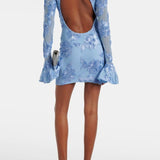 Blauwe Geborduurde Mini Jurk met Bloemenpatroon