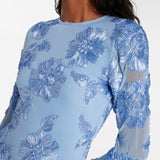 Blauwe Geborduurde Mini Jurk met Bloemenpatroon