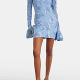 Blauwe Geborduurde Mini Jurk met Bloemenpatroon