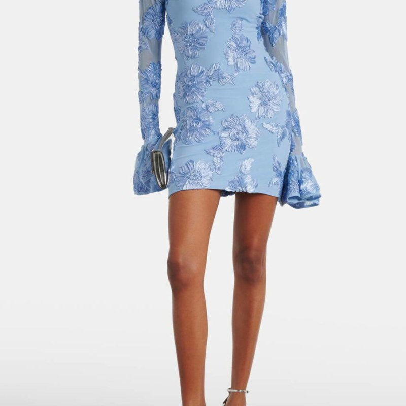 Blauwe Geborduurde Mini Jurk met Bloemenpatroon