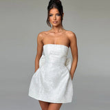 Witte Strapless Mini Jurk met Jacquardpatroon