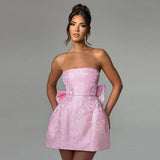 Roze Strapless Mini Jurk met Jacquardpatroon