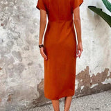 Oranje Midi Jurk met Overslaghals en Tailleplooien
