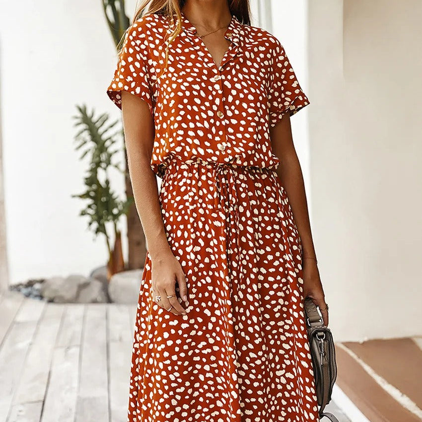 Oranje-Rode Midi Jurk met Dierenprint en Taillekoord.