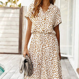 Witte Midi Jurk met Dierenprint en Taillekoord