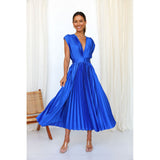 Blauwe Geplooide Maxi Jurk met Diepe V-Hals