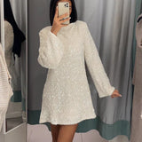 Witte Pailletten Mini Jurk met Lange Mouwen