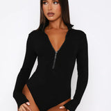 Ribstof Bodysuit met Lange Mouwen en Rits