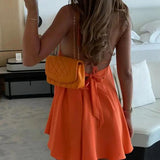 Oranje Halter Mini Jurk met Uitlopende Rok