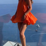 Oranje Halter Mini Jurk met Uitlopende Rok