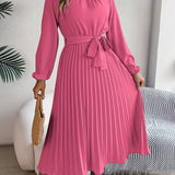 Bordeauxrode Dames Midi Jurk met Geplooide Rok