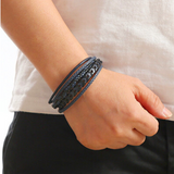 Heren Leren Armband Zwart met Gevlochten Design