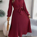 Bordeauxrode Dames Midi Jurk met Geplooide Rok