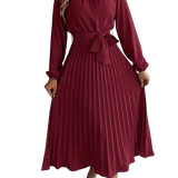 Bordeauxrode Dames Midi Jurk met Geplooide Rok