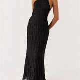 Zwarte Halter Maxi Jurk met Open Rug
