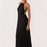 Zwarte Halter Maxi Jurk met Open Rug