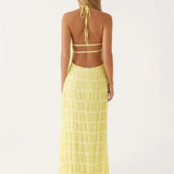 Gele Halter Maxi Jurk met Geplooide Structuur