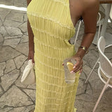 Gele Halter Maxi Jurk met Geplooide Structuur