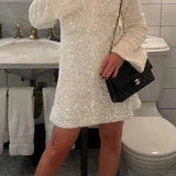 Witte Pailletten Mini Jurk met Lange Mouwen