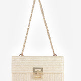 Geweven schoudertas met goudkleurige schakelketting en draaiklem