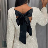 Witte Pailletten Mini Jurk met Lange Mouwen